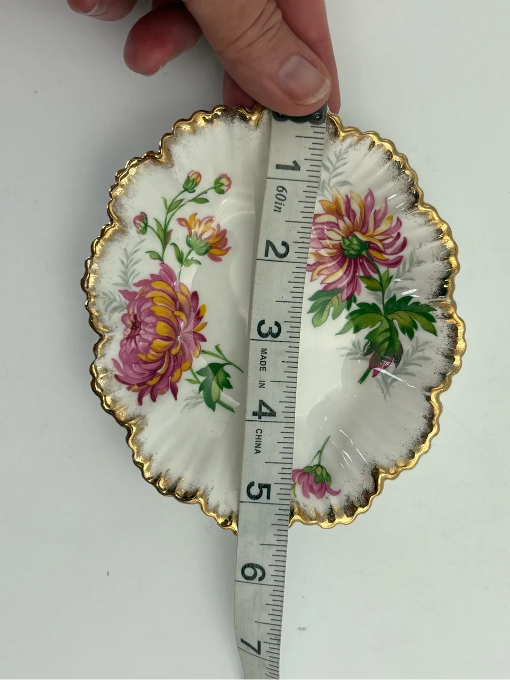 Vintage Fine Bone China Trinket Dish with Chrysanthemums and Gold Trim - England